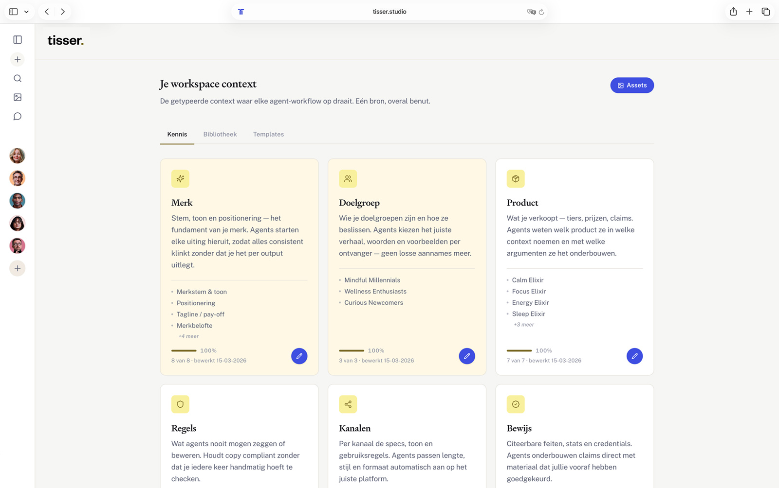 The workspace context screen: nine cards covering brand, audience, product, rules, channels, proof, campaigns, competitors and sales play