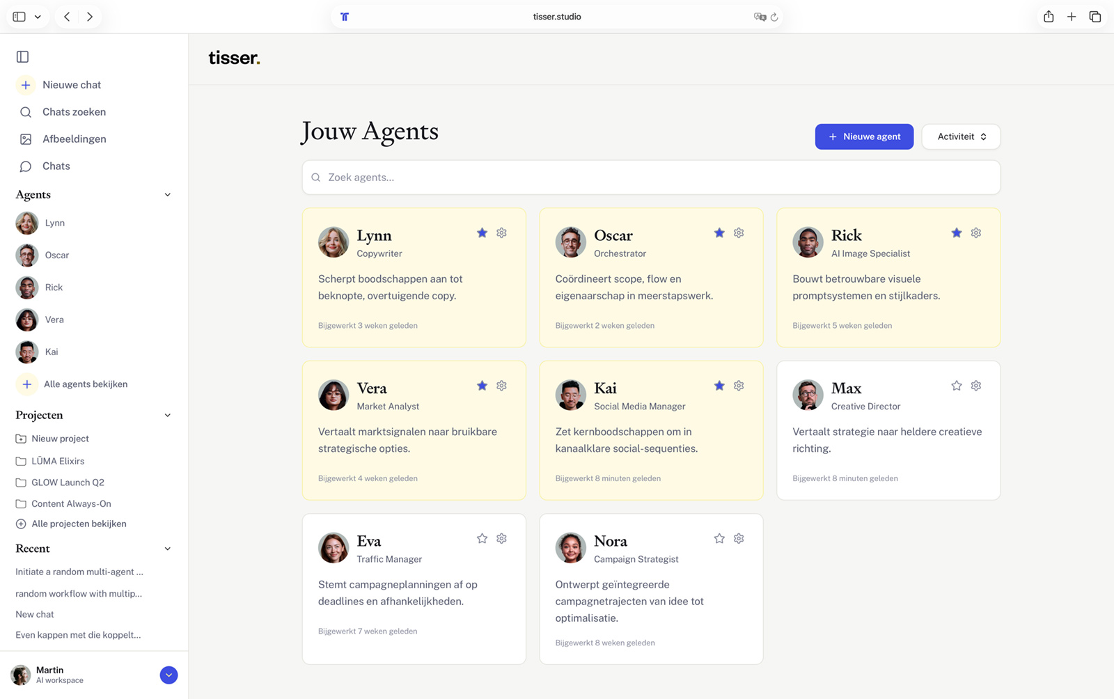 The agent overview: a copywriter, orchestrator, image specialist, market analyst and more, each with their own role