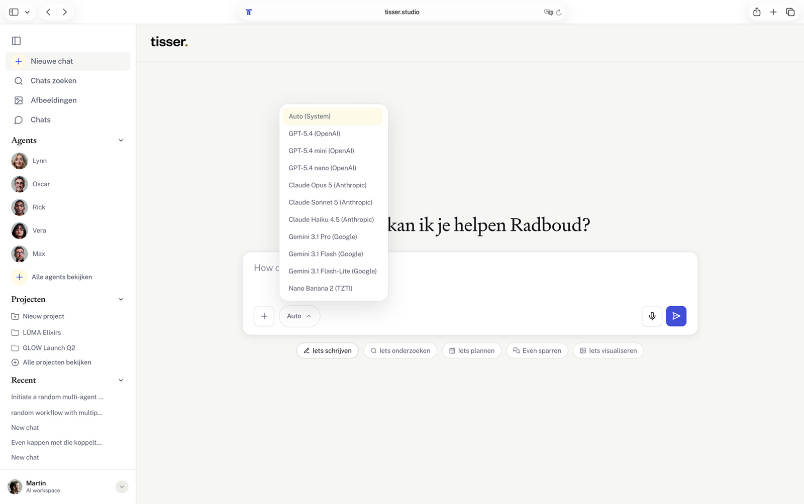 The model picker open in a new chat, listing GPT, Claude, Gemini and Nano Banana side by side