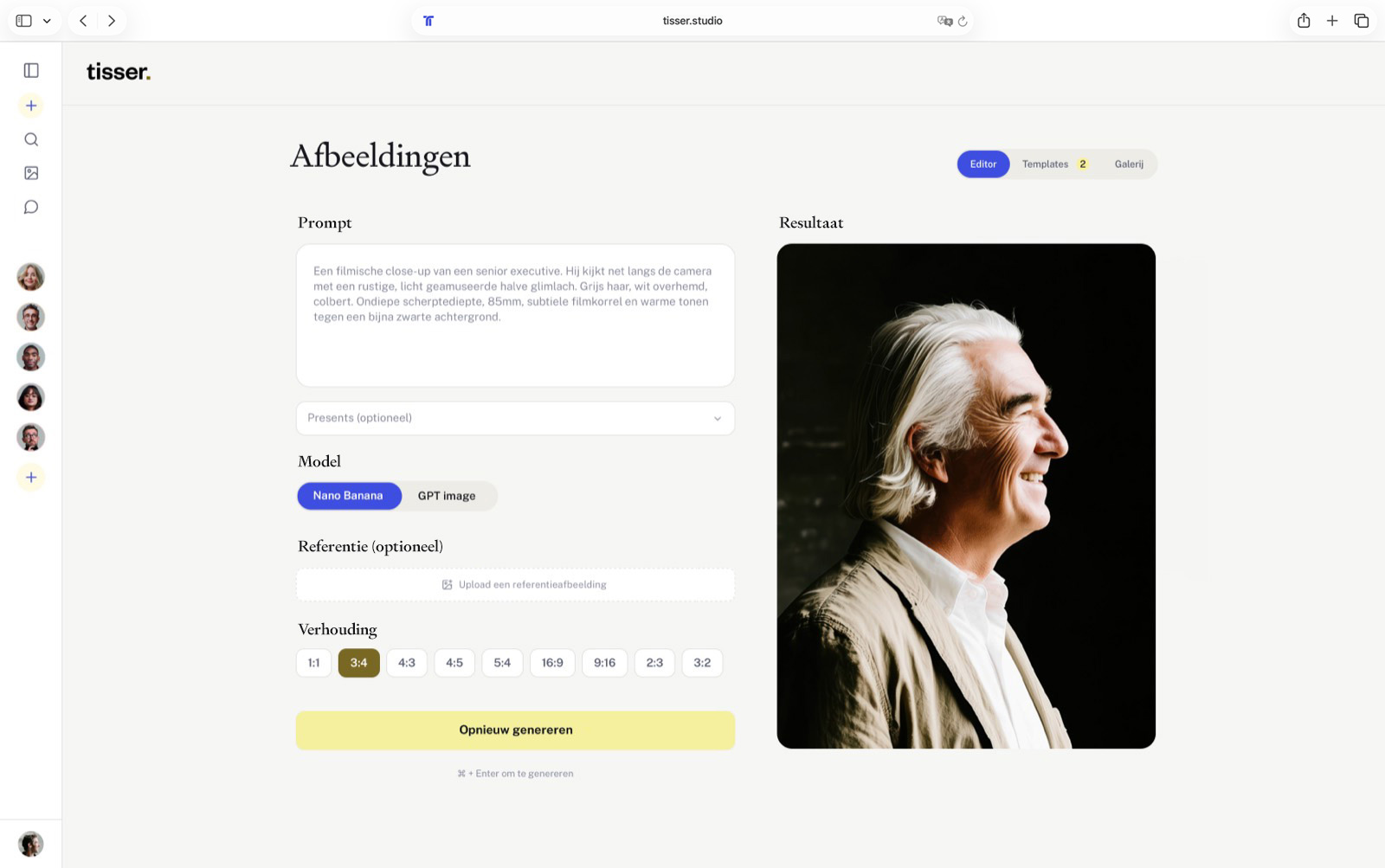The image editor: a prompt on the left, aspect ratio options, and the generated portrait on the right