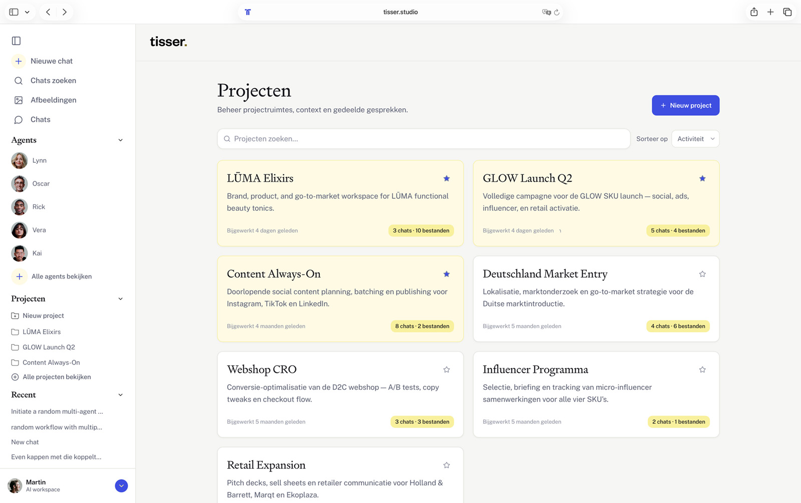 The projects overview, each project card showing its own chats and files